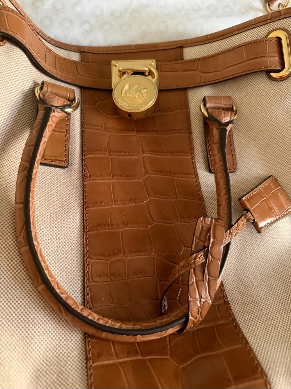 Michael Kors Hamilton Large Tote Bag Brown Croc Embossed Beige Canvas Gold MK